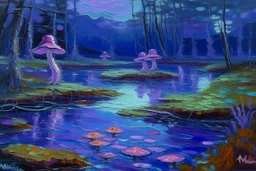 A purple swamp with glowing mushrooms painted by Claude Monet