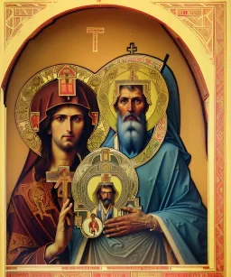 orthodox icon with saint, patron of photographers holding a camera in one hand and 35mm film in the other.. Cyrillic inscriptions are the names of photographic brands. hyperdetailed, Alphonse Mucha, Zdzisław Beksiński, poster, illustration, ink, oil on canvas, 18th century atlas