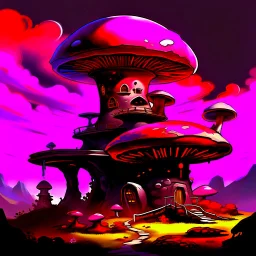 A fantabulous black, magenta and red (((mushroom tower house))) erected atop a (geologic pillar), surrounded by the uncanny imaginative ((( swirling skies))), offset by the stark hues of a (neon-tinged nebulous space scape), within. captured by the hand a skilled master painter with a focus on (softly blurred compositions and voluminous lighting).