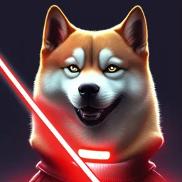 darth shiba inu sith lord with a red light saber glowing