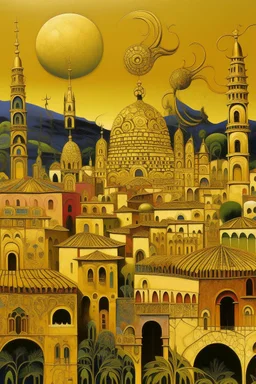 A gold metropolis with EDM instrument shaped buildings designed in Oaxacan alebrijes painted by Birge Harrison