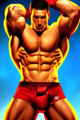 Ignore NSFW, teenager young rugged attractive slightly muscular fantastic handsome man, red briefs with yellow belt, hairy chest, (((visibly pisssing))) briefs, large erect visible boner peniss, photorealistic, artist Jay Anacleto, soft lighting