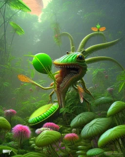 large venus fly trap with teeth eating a dragonfly, flowers, jungle, hyperrealistic, trees in background, digital art, alien like, disgusting, intricate, morbid, rainy, sinister, volumetric lighting, unreal engine, high resolution, 8k,