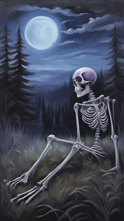 A oil painting from behind a skeleton sitting in the grass on the top of a hill, lookin into the night sky. A Forrest in the background. Painting. Purple colours. Blue colours. Night. Melancholic mood. Colorful.Pastel colours. Masterpiece.