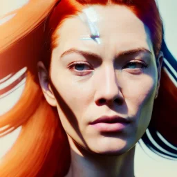 A beautiful portrait of a cyberpunk woman with lot's of grain on her skin red head with hair flying in the wind cyborg smiling facing camera orange color scheme, high key lighting, volumetric light high details with white stripes and feathers unreal 5, octane render, cinema4d, dynamic lighting, dramatic lighting, 4k, redshift render, highly detailed, hyper realistic