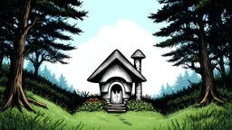 Ground-level outline sketch of a mushroom house in the woods