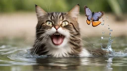 laughing cat in water with butterfly