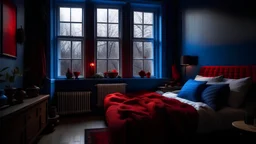 dark cozy bedroom window in blue and red details