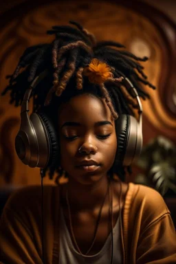 earthy black young woman listening to music with headphones, soul, peace, majestic, earthy colours, at peace, happy, incense, jewels, bands, natural, old school headphones