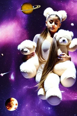 Ariana Grande floating in space with fluffy teddy bears