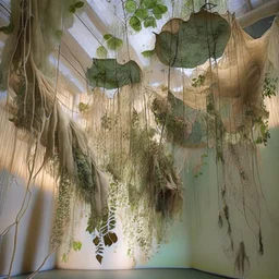 Hang suspended textile strands from the ceiling, resembling a dense forest canopy. Use fabrics in earthy tones, interwoven with elements like leaves, branches, or flowers, representing growth, renewal, and the interconnectedness of nature and healing.