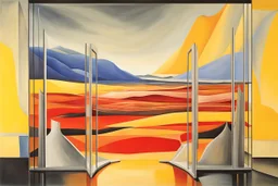 a surreal open glass gate in a glass wall with a view of a desolate landscape, storm, strong contrasts, by artist "Leonora Carrington",by artist "Zaha Hadid",These colors are bold, vibrant, and intense, including shades of primary colors such as red, blue, and yellow.