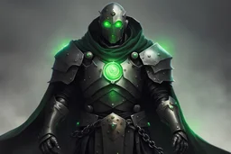 Male Warforged robotic cleric, with round green glowing eyes, cloak, wearing black chain armor, medieval style, dungeons and dragons