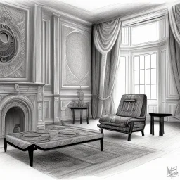 A living room with armchair and fancy stools. pencil sketch