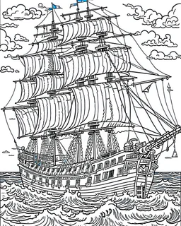 Create an exhilarating coloring page inspired by the Pirates of the Caribbean movie, featuring a majestic pirate ship sailing through rough seas. Challenge young artists to add their creative touch to billowing sails, the iconic Jolly Roger flag, and crashing waves. This black-and-white coloring adventure invites kids to embark on an exciting journey as they bring this thrilling pirate ship scene to life on paper.