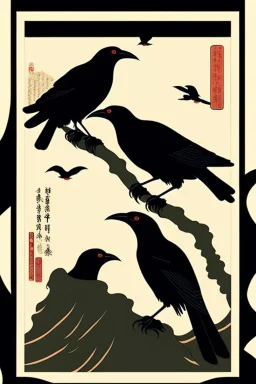  a group of crows that are on top of each other, a poster by Nōami, ukiyo-e, anime aesthetic, minimalist.