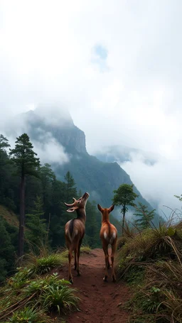 A trail between two mountains peaks in the Amazon side view , , two dears are looking up to the sky below is a huge wood top view , foggy, misty , adventures