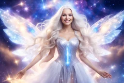 very beautiful cosmic women with white long hair, smiling, with cosmic dress and crystal wings. in the background there is a bautiful sky with stars and light beam