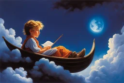 A child having a beautiful dream floating on a cloud painted by Michael Whelan. concept art, mid shot, intricately detailed, color depth, dramatic, 2/3 face angle, side light, colorful background