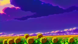 purple sky full of stars, sunflower field, anime, high res, makoto shinkai