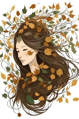 Many leaves are tangled in a girl's hair