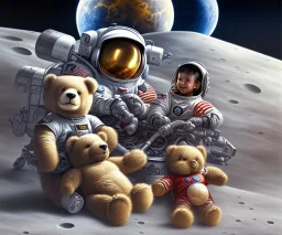 little boy and big teddy bears on moon. drifting in old bmw. oil on canvas