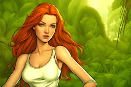 Avengelyne Comics: sorority, (waist length hair) redhead, freckles, green eyes, intricately detailed, color depth, comic art, Jungle ambiance, Italian-perfect-skin tones, slender-fit, Jungle background, complementary colors, fantasy concept art,3D, comic-coloring, Professional photography, bokeh, natural lighting