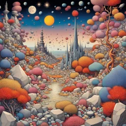 Colourful, peaceful, Yves Tanguy, surrealistic, hypermaximalist, night sky filled with galaxies and stars, rocks, trees, flowers, one-line drawing, sharp focus, 8k, deep 3d field, intricate, ornate