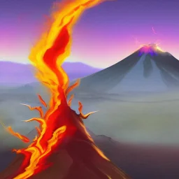 a multicolored dragon on a volcano on a ocean on fire that is red