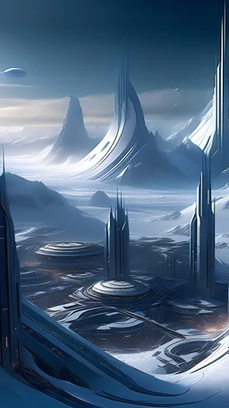 sci fi planet, busy city, futuristic mountains, snow caps, zaha hadid