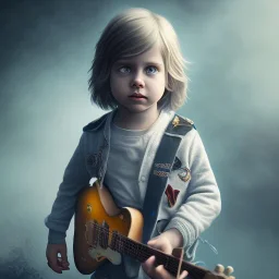 Mystery Kurt cobain toddler, full body, guitar, dramatique, art background, dramatic lighting, volumetric lighting, hyperrealisme, 8k, high quality, lot of details, fit within portrait, hyper realistic, unreal engine 5, uhd