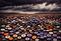 stunning stormy landscape with many little and big old linen buttons,abstract,minimalism fine lines geometric, rustic canvas, brown, purple, dark red , orange and black, deep colours, fantasy, high detailed, sharp focus, stunning, nice, masterpeace