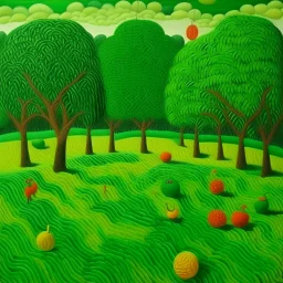 A green land made out of yarn with fruit painted by Henri Rousseau