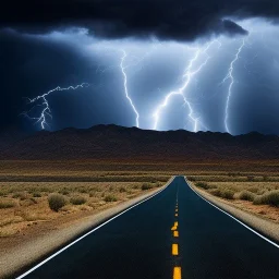 desert, storming, lightning, rain, mountains, black and white, road, landscape