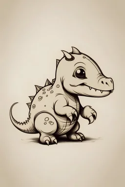 un boceto de bebe dinosaurio gracioso con lineas simples con cuatro patas, dos cuernitos y un cuerno en el hocico para un tatuaje