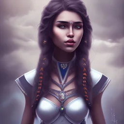 Portrait, heroic fantasy, woman, dark skin, metis, Indian, 20 years old, half-hawk haircut
