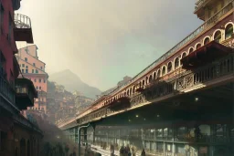 Train corner+Elevated Train pass on sea+trains+ corner building on sea+riomaggiore+genoa street+turin+Italian medieval town+Italian city+alphonse mucha, greg rutkowski,matte painting, cryengine, hyper detailed, felix kelly, fantasy art, seb mckinnon