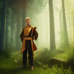 Male, Human, Blond, Sorcerer, Fire Mage, Golden Eyes, Young, Photorealism, Full Body Shot, Forest Background