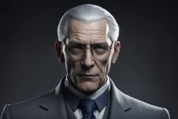 Высокий, сухопарый мужчина лет 50-ти с жёсткими чертами лица, словно высеченными из камня. Седые волосы, зачёсанные назад, и холодные серые глаза, которые кажутся пронзительными, как лезвие. Носит строгие трёхсоставные костюмы (часто тёмно-синие или чёрные) и очки в тонкой металлической оправе. На шее – цепочка с печаткой