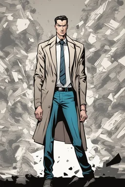 deranged young man with slicked back hair, stubble and a judgmental look on his face comic book style