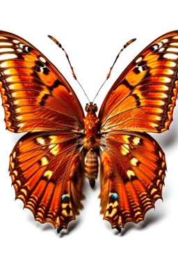 One beautiful full body portrait of a detailed hyper realistic large copper butterfly, light and dark spots on wings, beautiful details, isolated on white background is shown, ecological art, Macro photography, perfect photo, isolated on solid background, hyperrealistic, masterpiece, snappy, Warner bros., Pixar, matte painting, Full Shot, Deep focus, Full-length portrait, Wide field of view