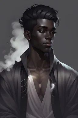 Male Air genasi fra d&d with black skin smoke some hair an Asian skin ghostly appearance with a Smokey undertone