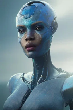 portrait,beautiful african robotic sirene, post-apocalyptic in a cyberpunk city, realistic, intriacte detail, sci-fi fantasy style, volumetric lighting, particales,highly detailed,cinematic, deep blue.