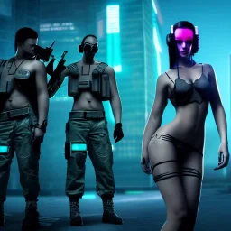 beautiful cyberpunk women defender herself from 3 cyberpunk soldiers