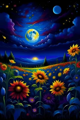 Imagina un paisaje nocturno vibrante y enérgico, donde el cielo estrellado se mezcla con intensos tonos de azul y morado. En primer plano, hay un campo de girasoles que resplandece con colores cálidos y pinceladas audaces. La luna llena ilumina la escena con destellos de luz, creando sombras dramáticas y contrastes llamativos. Siente la atmósfera mágica de la noche y la exuberancia de la naturaleza en cada pincelada. Captura la esencia emocional de la escena al estilo distintivo de Van Gogh
