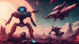 "Captivating Climaxes - Crafting Powerful Endings," designed in the style of an 80s action movie, depicting an intense robot battle with spaceships in the background. make it like a memorable ending to a movie