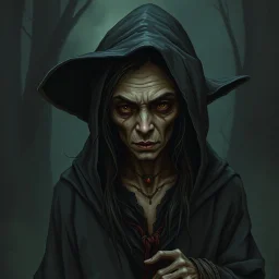 The witch, Lorissa Nightshade, appears—a gaunt, pale woman with hollowed out eyes and wearing tattered and torn robes. Grimdark realistic