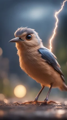 wtf bird getting hit by lightening, with big disturbed eyes,bokeh like f/0.8, tilt-shift lens 8k, high detail, smooth render, down-light, unreal engine, prize winning