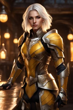 glowing yellow eyes, female paladin aasimar, platinum blonde bob hair, detailed ornamental armor, 8k, high detail,tavern background, facing viewer