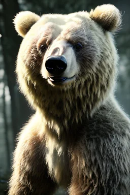 upclose realistic and mysterious photography,12k ultra-high-definition rendering of a scary bear, he is partially a robot, white furr coat, red scratch marks on him, showing thangs,exudes a sinister aura under the Forrest's dark and mysterious lighting